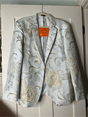 White Blazer with Gold Brocade Accents